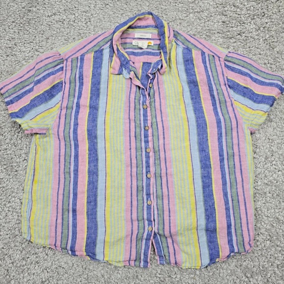 C&C California Top Womens Large Colorful Striped Button Short Sleeve Linen Beach - Picture 1 of 10